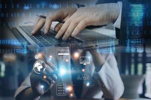 Online transactions, Businessman touching fingerprint scan provides security interface payment shopping banking and cloud computing network connection on virtual screen. photo