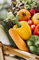 female farmer working early on farm holding wood basket of fresh vegetables and tablet photo