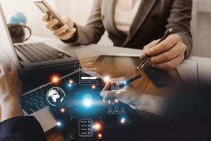 Online transactions, Businessman touching fingerprint scan provides security interface payment shopping banking and cloud computing network connection on virtual screen. photo