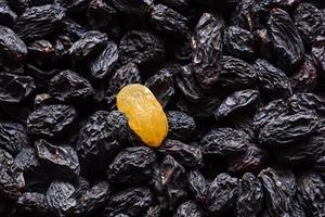 Dark raisins with single golden raisins as background. Vegetarian healthy sweet snack. Organic food. Vegetable diet. High quality photo