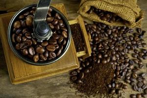 Vintage coffee grinder.Old retro hand-operated wooden and metal coffee grinder.Manual coffee grinder for grinding coffee beans. on the old wooden background.soft focus. photo