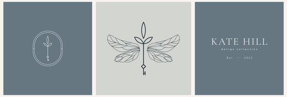 Dragonfly wings logo templates with key in trendy linear style for jewelry for exclusive services and products, beauty and spa industry vector