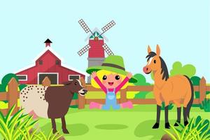 Cute animals in ranch, Farm and agriculture. illustrations of village life and objects Design for banner, layout, annual report, web, flyer, brochure, ad. vector