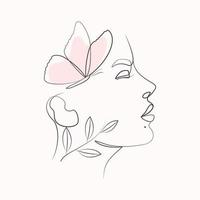 Beauty woman and butterfly organic leaves line art natural girl beauty face illustration vector