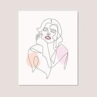Beauty woman smiling hands close to the girls smiling face one line art drawing poster design