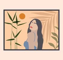 Abstract minimalistic portrait of a woman with natural bamboo leaves sun and moonlight feminine wall art poster illustration vector