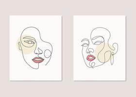 Beauty face woman abstract fashion girl one line art poster set vector