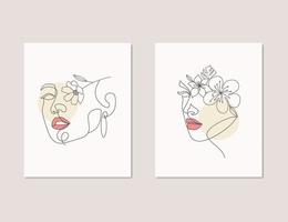 Beauty face flower woman abstract fashion feminine floral girl one line art poster set vector design