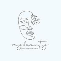 Beauty face woman girl with flower organic line art feminine logo design vector