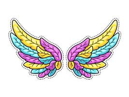Magic wings sticker in 80s-90s youth pop art comics style. Wide spread angel wings. Retro fashionable patch element inspired by old cartoons. Vector illustration isolated on white.