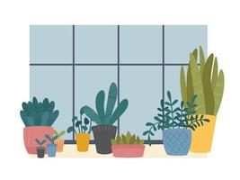 plantas caseras de interior en composición de macetas de pie en el alféizar de la ventana. alféizar de la ventana con macetas de flores, suculentas y brotes. ilustración vectorial, estilo escandinavo de caricatura plana vector