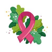 Composition of pink ribbon and lush foliage and flowers in modern flat style. Symbol of October Breast cancer awareness month. Vector illustration isolated on white
