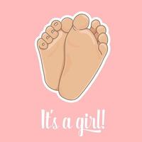 It is a girl announcement illustration. Newborn baby foot soles, barefoot, bottom view. Vector illustration, cartoon style. Tiny plump feet with cute heels and toes, isolated on pink background.