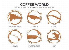 Collection of coffee cup round stains shaped like a coffee origin countries, producers and exporters from American islands vector
