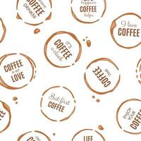 Seamless pattern with coffee mug stains on tablecloth and motivation quotes vector