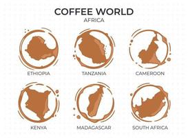 Collection of coffee cup round stains shaped like a coffee origin countries, producers and exporters from Africa. Vector drops and splashes on white.