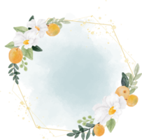 flor branca aquarela e coroa de frutas laranja com moldura de geometria dourada no fundo inicial png