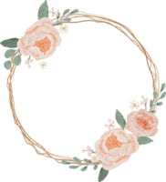 watercolor blooming english orange peach rose branch with dry twig flower bouquet wreath round frame png