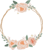 watercolor blooming english orange peach rose branch with dry twig flower bouquet wreath round frame png