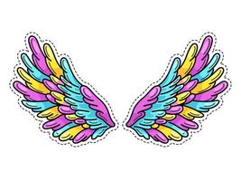 Magic wings sticker in 80s-90s youth pop art comics style. Wide spread angel wings. Retro fashionable patch element inspired by old cartoons. Vector illustration isolated on white.