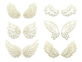 Collection of angel wings, wide open with golden metallic effect. Contour drawing in modern flat line style. Vector illustration, isolated on white.