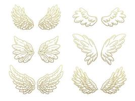 Collection of angel wings, wide open with golden metallic effect. Contour drawing in modern flat line style. Vector illustration, isolated on white.