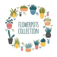 Flowerpots collection. Set of indoor and outdoor decorative garden potted plants. Hand drawn cartoon, Scandinavian Hygge style.Vector round template border on white background vector