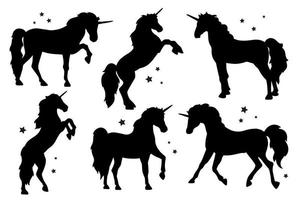 Flat design collection of unicorn silhouette. Magic creature contour set vector