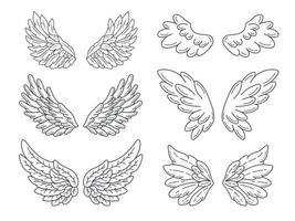 Collection of angel wings, wide spread. Contour drawing in modern line style. Vector illustration isolated on white.