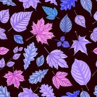 patrón sin fisuras de la hoja de otoño. hojas de árbol violeta, púrpura y rosa sobre fondo oscuro vector