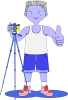 un hombre de pelo blanco usa chaleco y zapatos rojos de jeans cortos que muestran una buena pose señala las manos para que esté listo para tomar una foto y pararse frente a una cámara en un trípode. estilo fotógrafo.