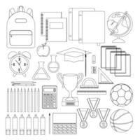 Set of school things, black and white outline. Vector illustration.