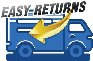 Easy return blue icon with delivery truck and golden arrow, isolated on white background. vector design.