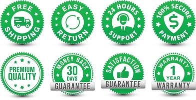 Money back, warranty, 24 hour support, etc. different type of online ecommerce security green badges isolated on white background. vector