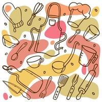 Kitchen tools outline doodle Set. Kitchen utensils Pattern on colored rounded spots background for fabric, wallpaper, design menu.Vector Illustration