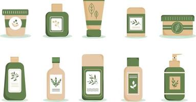 Organic, natural, eco-friendly cosmetics. Set of bottles, jars and tubes wit herbal decoration. Plant-based cosmetics. Cream, mask, shampoo, soap, lotion, balm. Vector illustration in flat style.