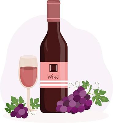 Composition with bottle of red wine, wineglass and bunch of grapes. Inscription Beaujolais nouveau. Wine testing. Grapes harvest. Festival of young wine in France. Poster, card, invitation.