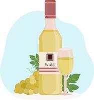 Composition with bottle of white wine, wineglass and bunch of grapes. Wine testing. Alcoholic beverage. Template for bar menu, wine shop, restaurant.  Vector illustration in flat style.