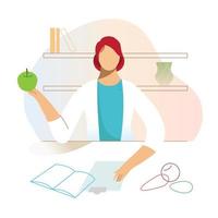 nutricionista, mujer dietista en la oficina, sostenga la manzana en la mano. ilustración plana vectorial vector