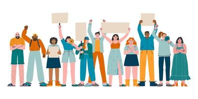 A young woman shouts through megaphones, supporting the protests against the background of discontented people protesting. Flat design colorful illustration isolated on white. vector