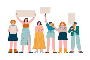 A young woman shouts through megaphones, supporting the protests against the background of discontented people protesting. Flat design colorful illustration isolated on white. vector