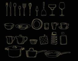 Gold hand draw kitchen icons vector