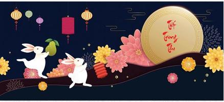 tarjeta de felicitación del festival de mediados de otoño con lindo conejo y pastel de luna sobre fondo azul vector