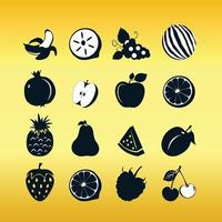 Black fruit icons isolate on gold background vector