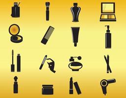 black cosmetics icons isolate on gold background vector