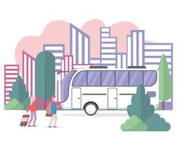 Tourist man and woman go to the bus vector illustration