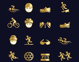 iconos dorados de triatlón sobre fondo azul vector