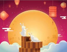 feliz festival del medio otoño con dos conejos mirando a la luna vector