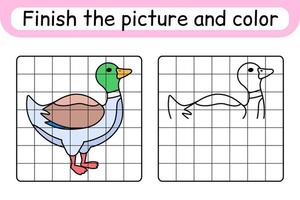 Complete the picture duck. Copy the picture and color. Finish the image. Coloring book. Educational drawing exercise game for children vector