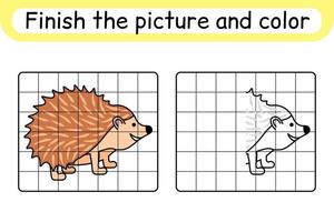 completa el cuadro erizo. copiar la imagen y el color. terminar la imagen. libro de colorear. juego educativo de ejercicios de dibujo para niños vector